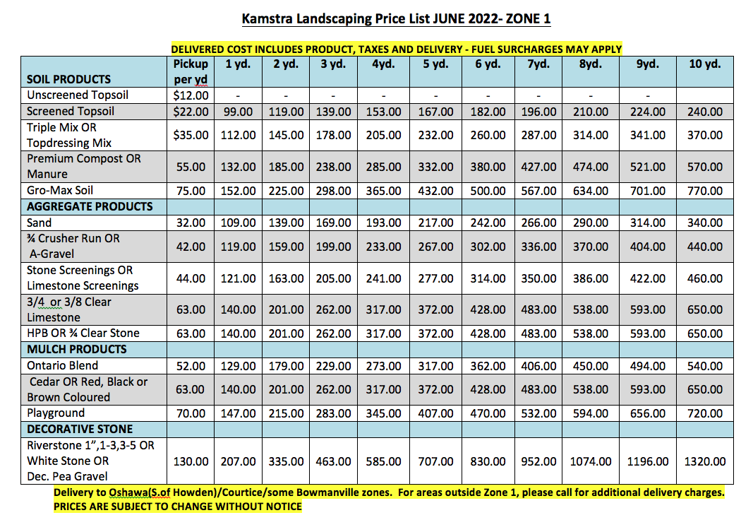 Price List - Kamstra Landscaping & Garden Supplies